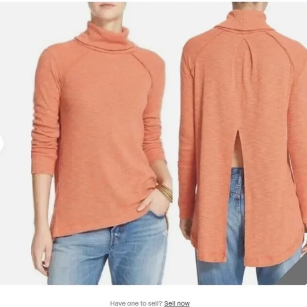 We The Free People Burnt Orange Split Back Turtleneck Knit Top High Low Hem XS